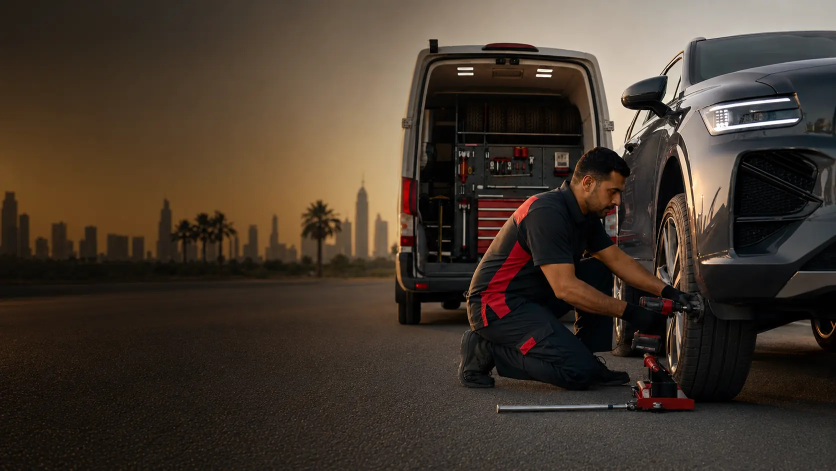 Mobile tyre service team attending a vehicle in Dubai