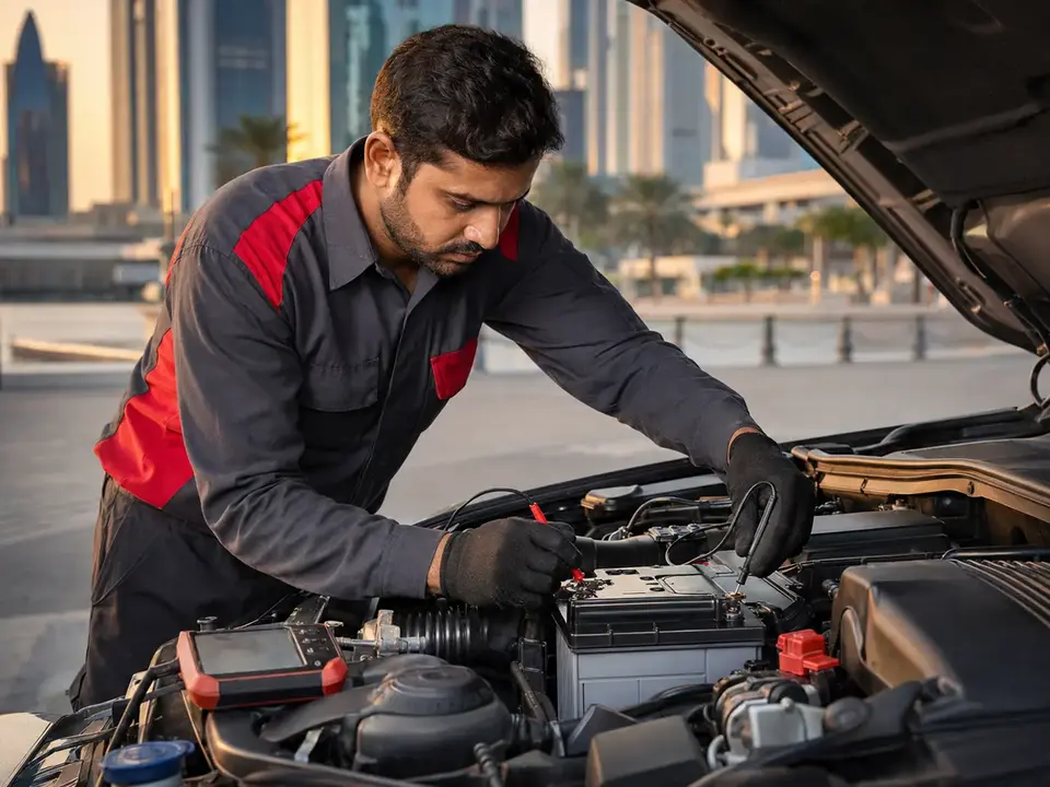 Vehicle battery being inspected before replacement