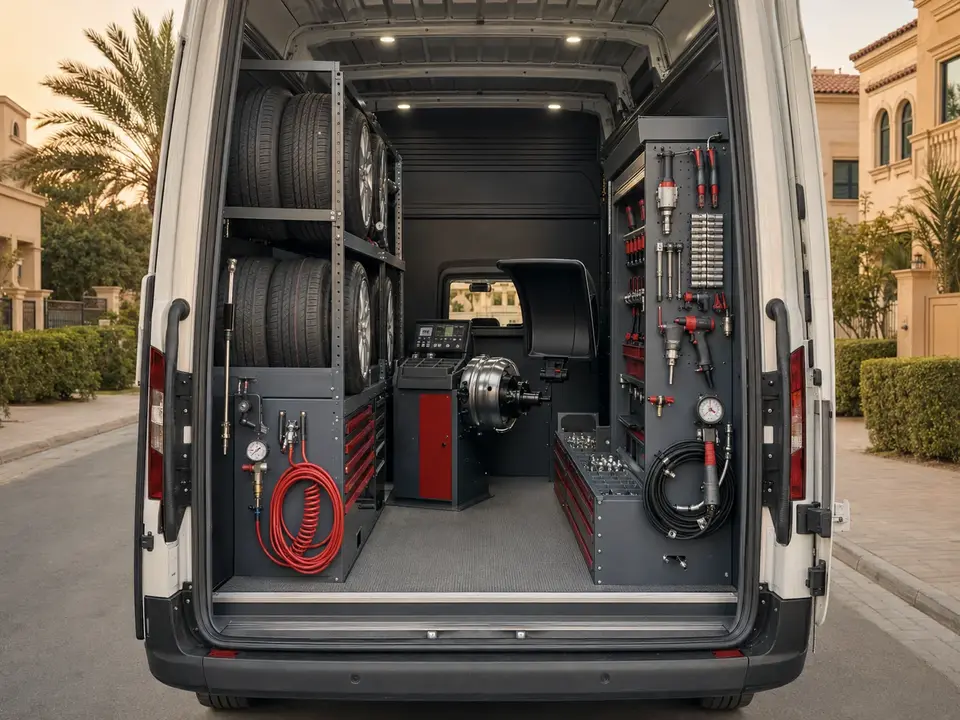 Organised mobile tyre service equipment
