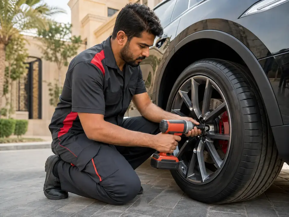 Technician fitting a vehicle tyre